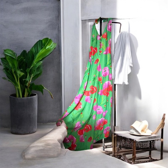 Vintage Aldens Fashions Maxi Dress Green Floral Halter Dress 70s Style Party grn - Picture 1 of 15